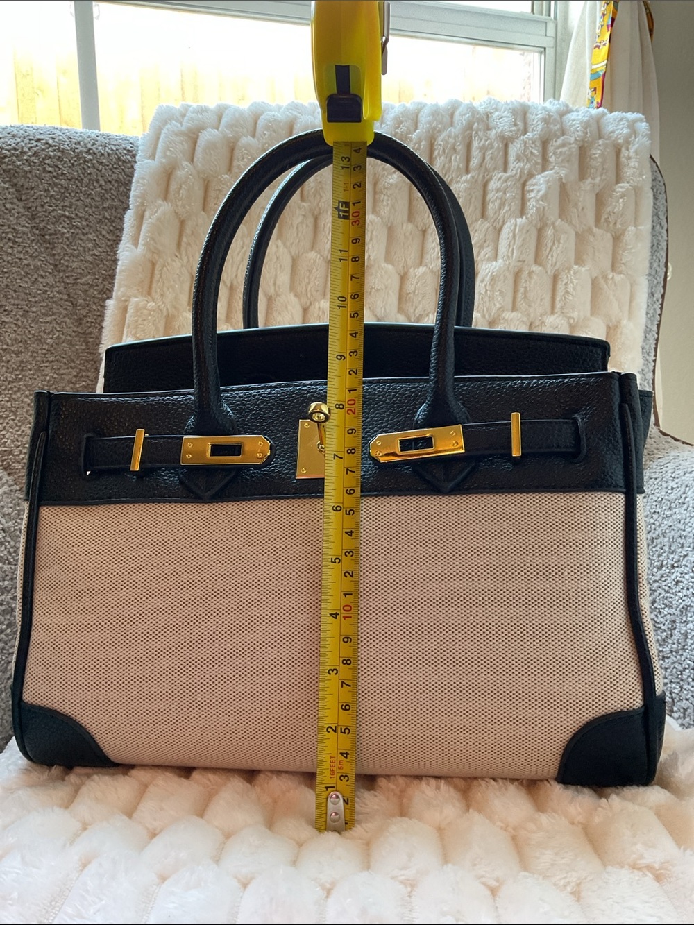 Canvas and Black Leather Top-Handle Satchel with Gold Hardware - Picture 9 of 9